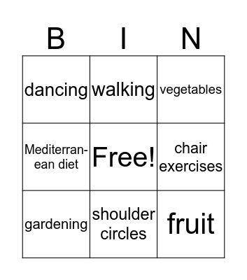 Diet and Exercise Bingo Card