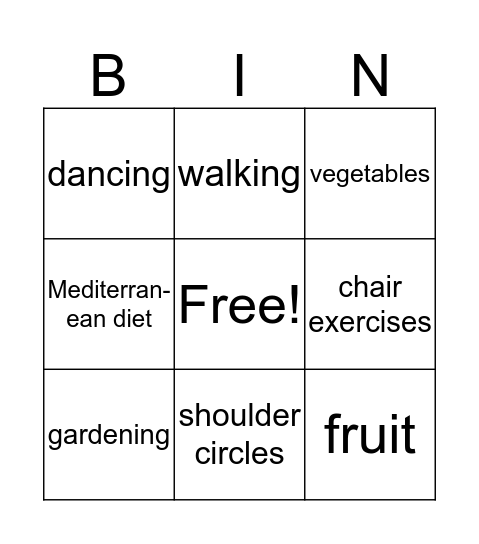 Diet and Exercise Bingo Card