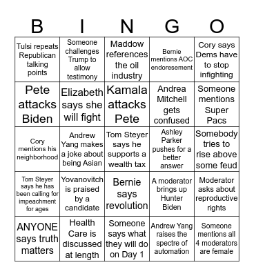 November Democratic Debate Bingo Card