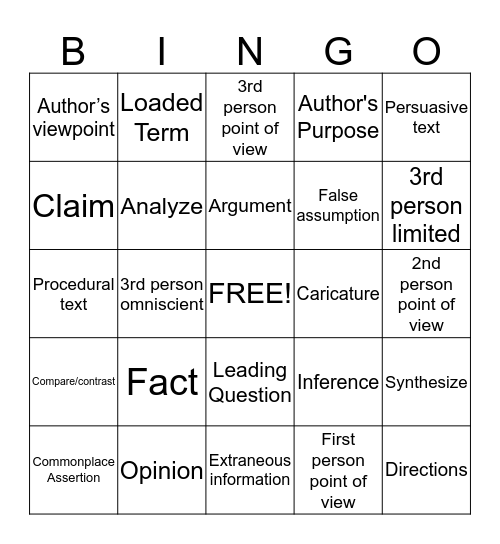 Informational Text Bingo  Bingo Card
