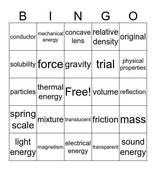 Physical Properties and Energy Bingo Card