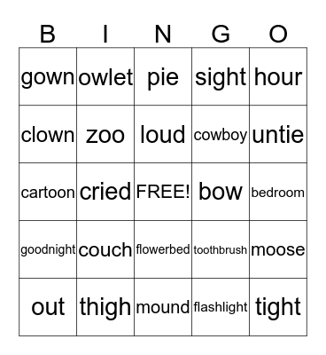 oo, ie, igh, ow, ou & compound words Bingo Card