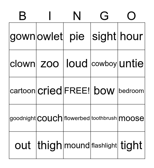 oo, ie, igh, ow, ou & compound words Bingo Card