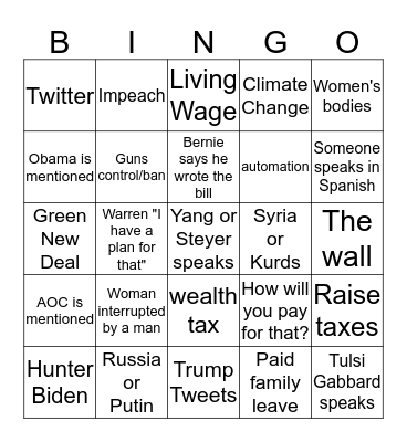 2020 Democratic Debate Bingo Card