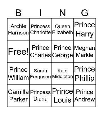 Royal Family Bingo Card