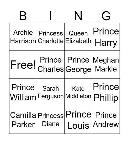 Royal Family Bingo Card