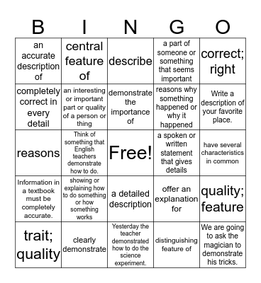 Vocabulary Review  Bingo Card