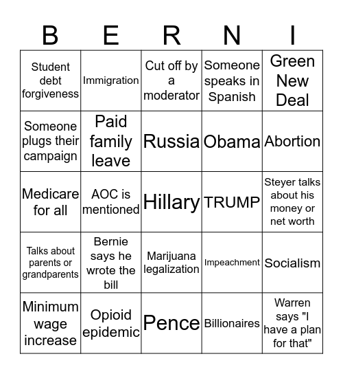 Democratic Debate BINGO!!! Bingo Card