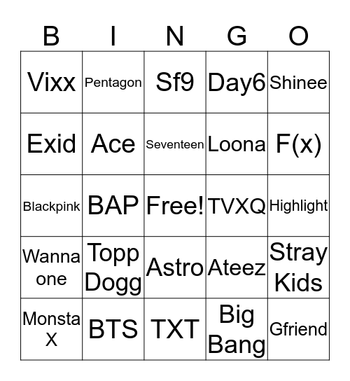 Kpop Bingo Card