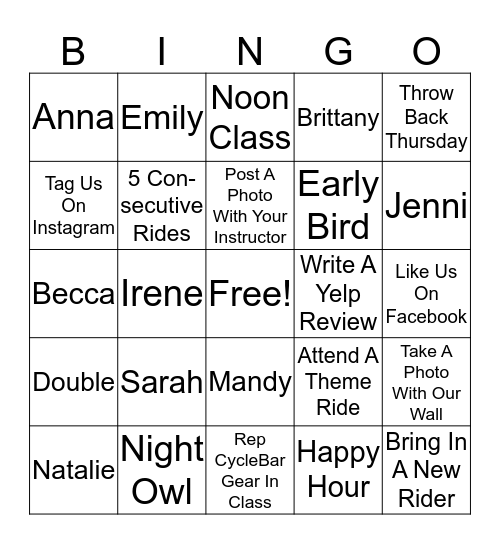 CycleBar Christmas  Bingo Card