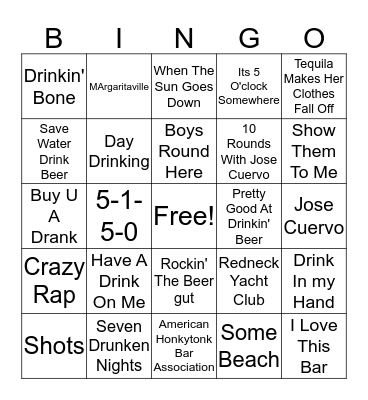 Drinkin' Songs Bingo Card