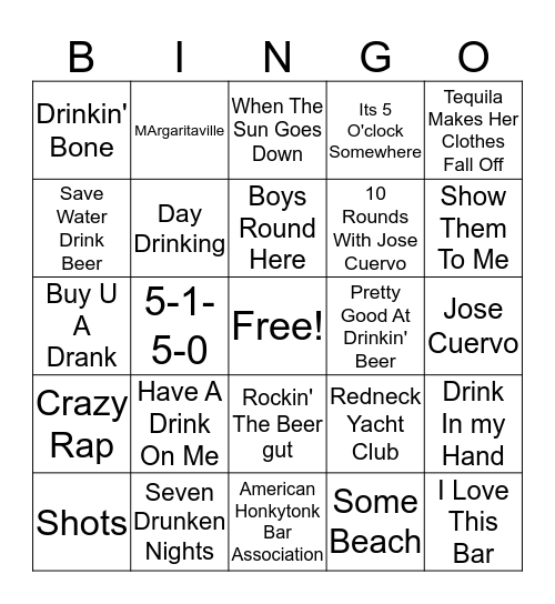 Drinkin' Songs Bingo Card