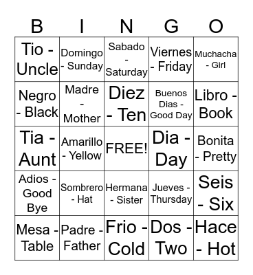 Spanish Bingo Card