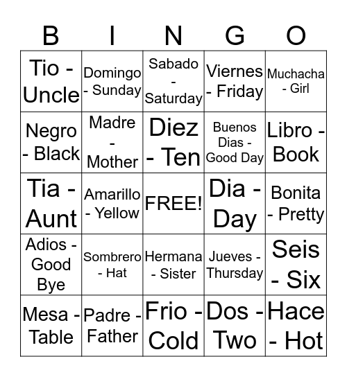 Spanish Bingo Card