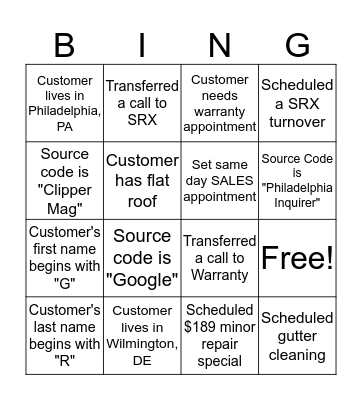 Call Center Bingo Card