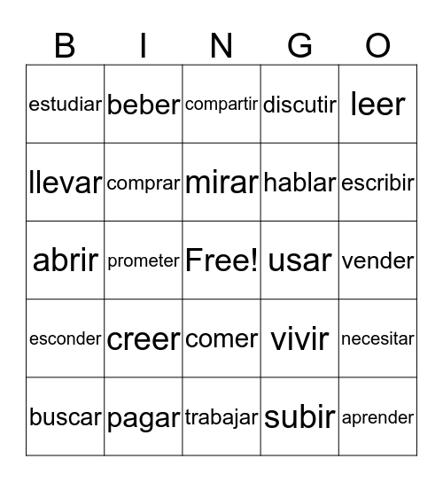 -ar, -er, -ir verbs  Bingo Card