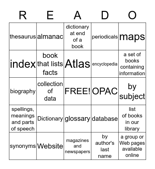 Reference Resources Bingo Card