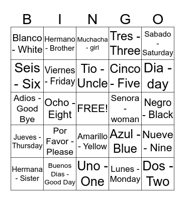 Spanish Bingo Card