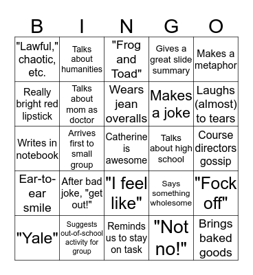This is Catherine Bingo Card