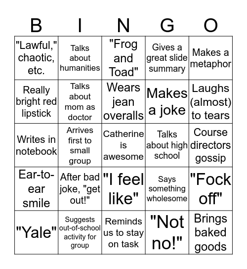 This is Catherine Bingo Card