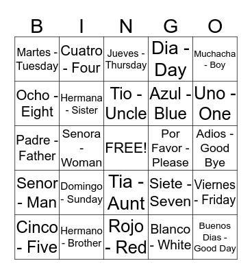 Spanish Bingo Card