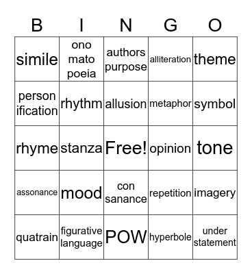 Vocab of LIterature Bingo Card