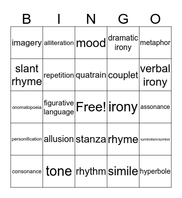 Vocab of Literature Bingo Card