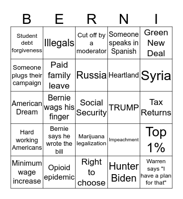 Democratic Debate BINGO!!! Bingo Card