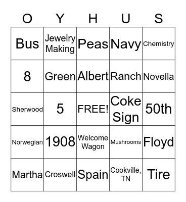 Oyhus Family Reunion Bingo Card