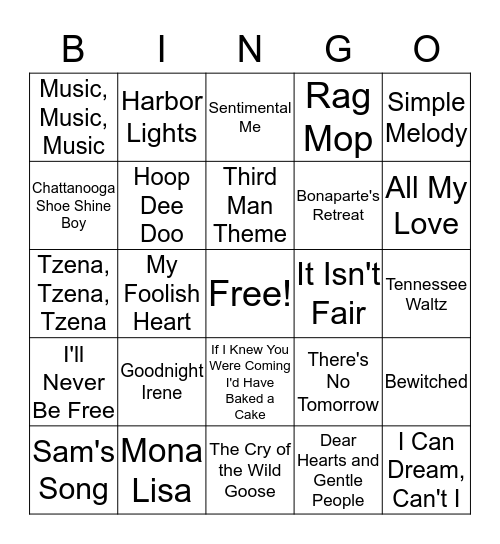 Billboard Hits of the 1950s Bingo Card