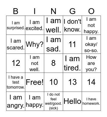 G3 - How am I feeling? 2 Bingo Card