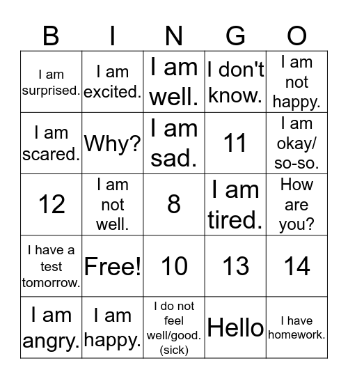 G3 - How am I feeling? 2 Bingo Card