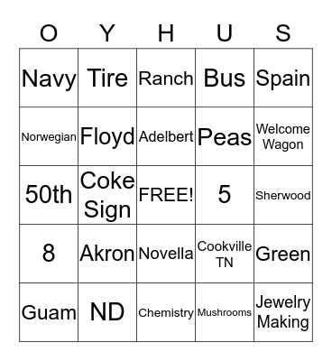 Oyhus Family Reunion Bingo Card