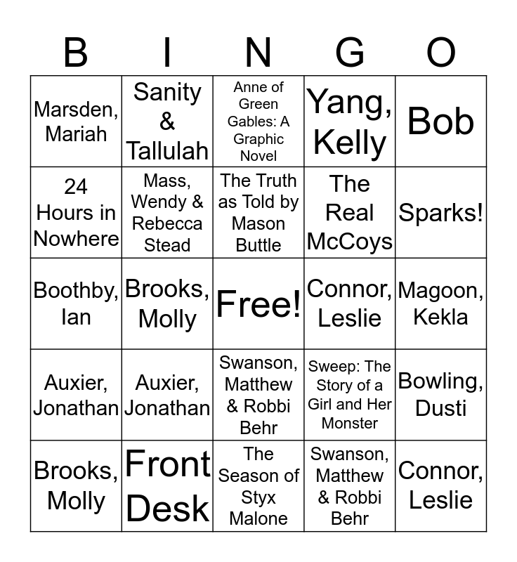 2019-2020 BES Books Bingo Card