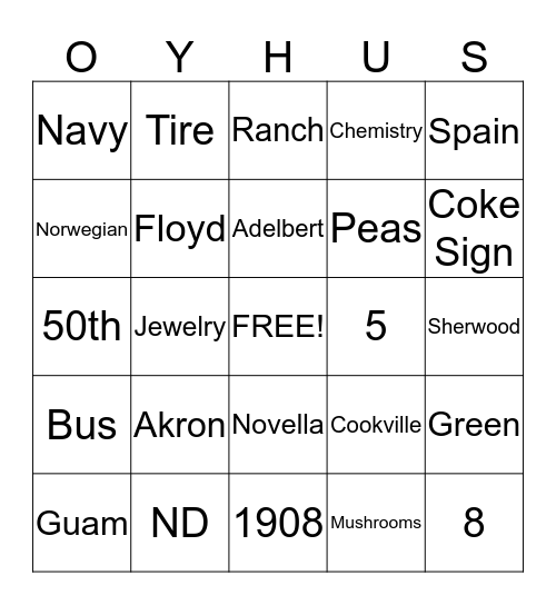 Oyhus Family Reunion Bingo Card