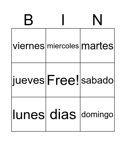Days of the week BINGO Card