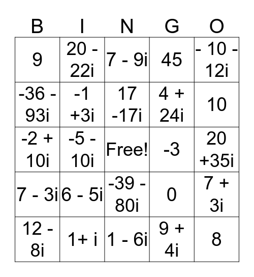 Complex Numbers Bingo Card