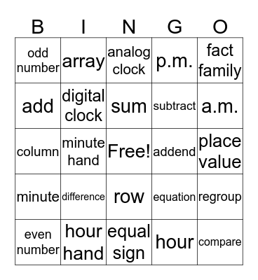2nd Grade Math Vocabulary Bingo Card