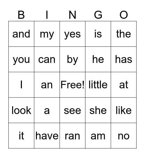 sight word bingo Card
