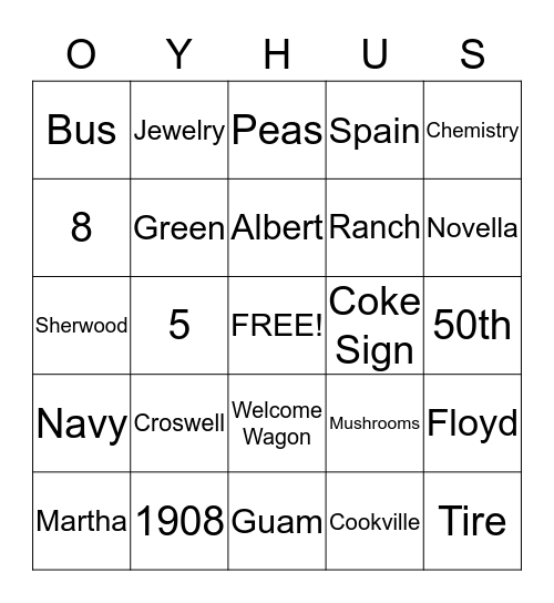 Oyhus Family Reunion Bingo Card