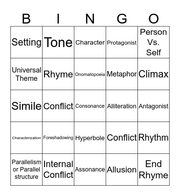 English II FIction Bingo Card