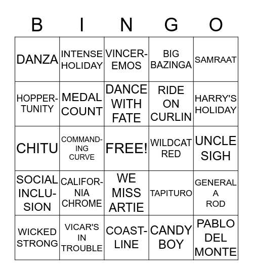 Kentucky Derby Bingo at Creekside Tap Bingo Card