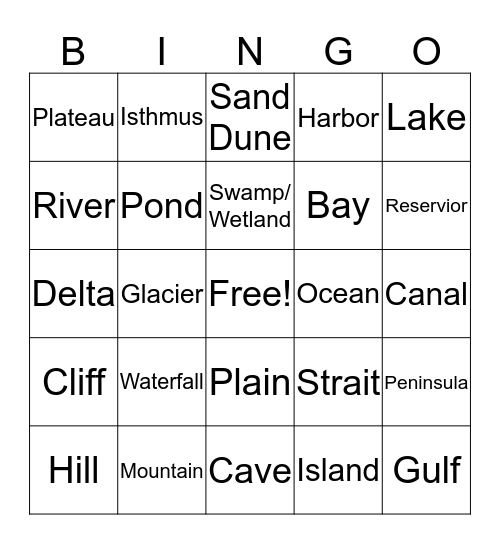 Landforms and Bodies of Water Bingo Card