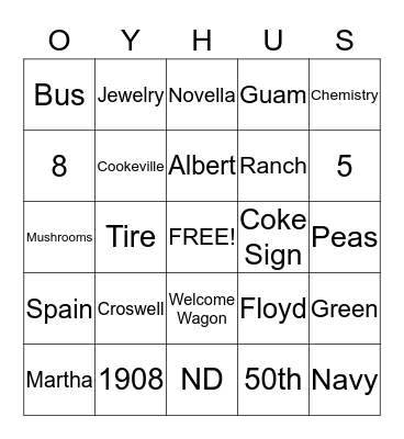 Oyhus Family Reunion Bingo Card