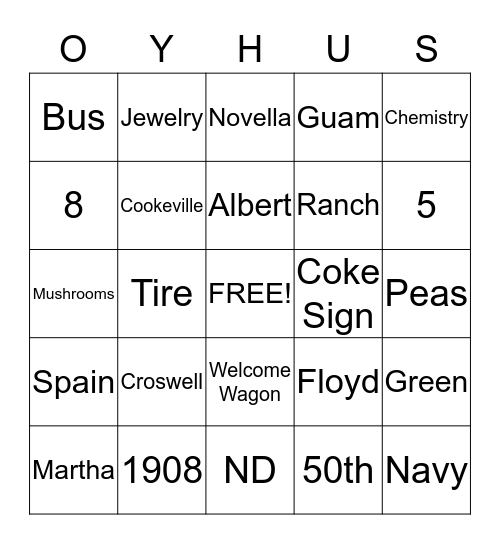 Oyhus Family Reunion Bingo Card