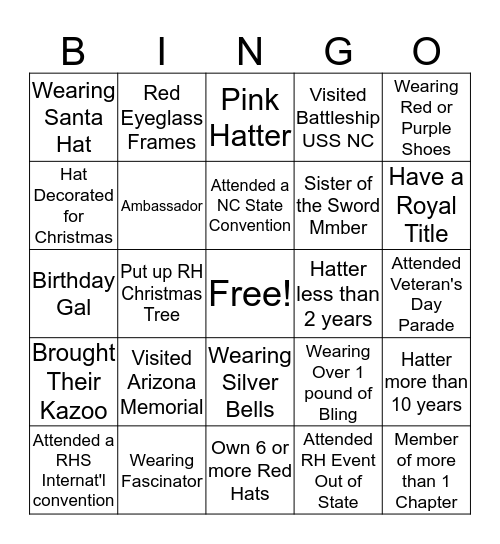 Red Hat Christmas Mixer Bingo Card