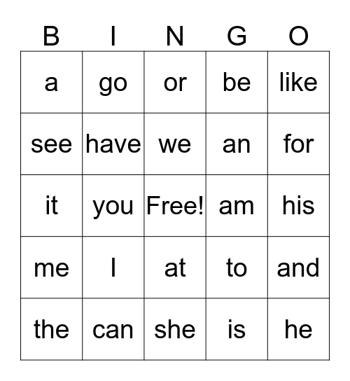 Sight Word Bingo 1-6 Bingo Card