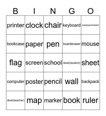 Classroom objects Bingo Card