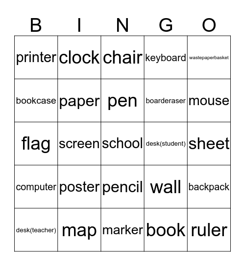 Classroom objects Bingo Card