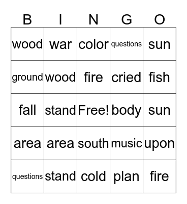 Site Words Bingo Card